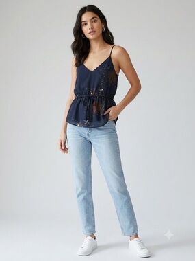 Babaton Navy Floral-Print V-Neck Peplum Cami